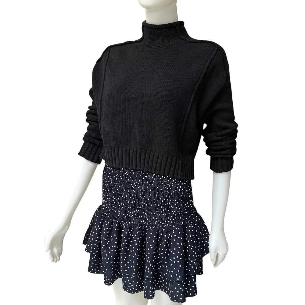 Black‎ Cropped Mock Neck Exposed Seam Knit Sweater Women Small Grunge Goth Y2K